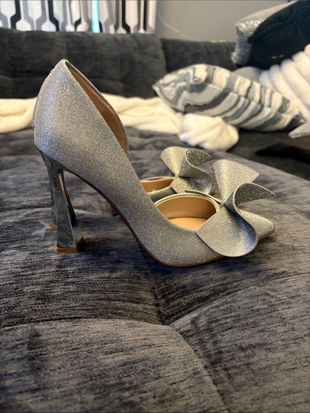 Betsey Johnson Silver Glitter Bow Heels